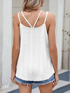 Clearance Women's Camisole Tank Top Solid Color Basic Casual Sleeveless U Neck Regular Tops Daily Eyelet White Blue Orange Summer Women Tank Tops & Camis