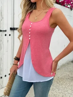 Women's Camisole Tank Top Solid Color Daily Stylish Casual Sleeveless U Neck Regular Tops Daily Patchwork Buttons Black Red Summer Women Tank Tops & Camis