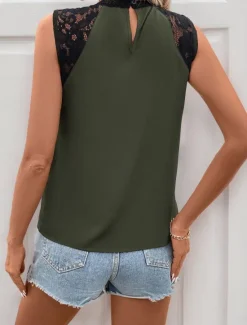 Outlet Women's Camisole Tank Top Solid Color Casual Sleeveless Turtleneck Regular Tops Daily Lace Patchwork Navy Blue Green Gray Summer Women Tank Tops & Camis