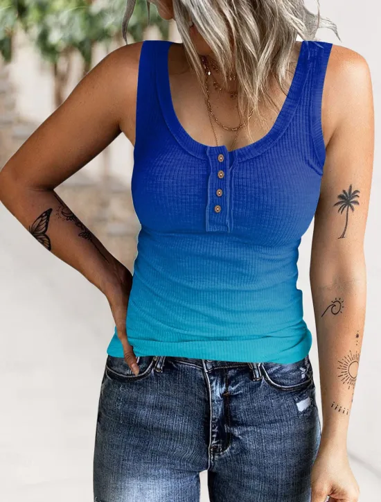 Online Women's Camisole Tank Top Color Gradient Casual Sleeveless U Neck Regular Tops Vacation Daily Buttons Print Pink Red Blue Purple Summer Women Tank Tops & Camis