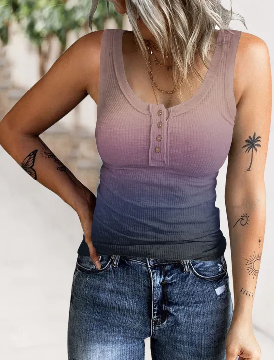 Online Women's Camisole Tank Top Color Gradient Casual Sleeveless U Neck Regular Tops Vacation Daily Buttons Print Pink Red Blue Purple Summer Women Tank Tops & Camis