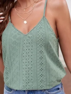 Women's Camisole Tank Top Solid Color Stylish Casual Sleeveless Strap Regular Tops Daily Eyelet White Pink Green Summer Women Shirts|Tank Tops & Camis