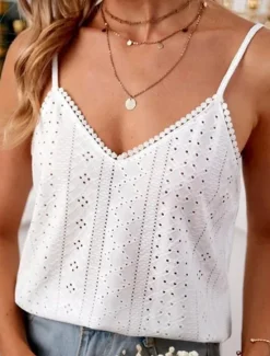 Women's Camisole Tank Top Solid Color Stylish Casual Sleeveless Strap Regular Tops Daily Eyelet White Pink Green Summer Women Shirts|Tank Tops & Camis