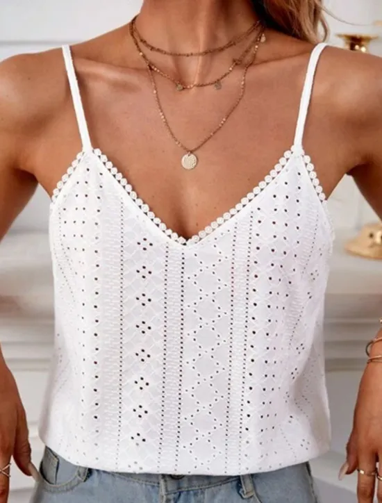Women's Camisole Tank Top Solid Color Stylish Casual Sleeveless Strap Regular Tops Daily Eyelet White Pink Green Summer Women Shirts|Tank Tops & Camis