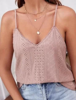 Women's Camisole Tank Top Solid Color Stylish Casual Sleeveless Strap Regular Tops Daily Eyelet White Pink Green Summer Women Shirts|Tank Tops & Camis