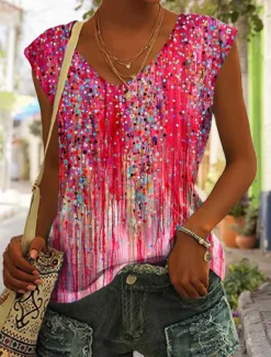 New Women's Camisole Tank Top Basic Print Sleeveless Regular Tops V Neck Casual Pink Blue Purple Orange Green Women Spring Tops|Boho Tops