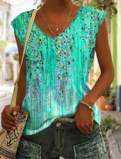 New Women's Camisole Tank Top Basic Print Sleeveless Regular Tops V Neck Casual Pink Blue Purple Orange Green Women Spring Tops|Boho Tops