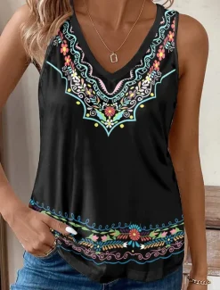 Discount Women's Camisole Tank Top Vintage Ethnic Boho Sleeveless V Neck Regular Tops Vacation Print Summer Women Spring Tops|Tank Tops & Camis