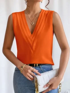Online Women's Camisole Tank Top Solid Color Daily Casual Sleeveless V Neck Regular Tops Daily Black White Orange Green Apricot Summer Women Tank Tops & Camis