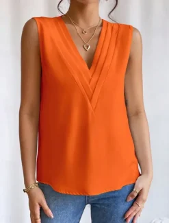 Online Women's Camisole Tank Top Solid Color Daily Casual Sleeveless V Neck Regular Tops Daily Black White Orange Green Apricot Summer Women Tank Tops & Camis