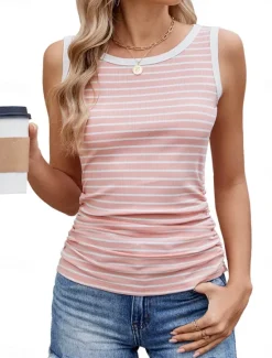 Clearance Women's Camisole Tank Top Striped Stylish Casual Sleeveless Crew Neck Regular Tops Daily Print White Pink Navy Blue Gray Summer Women Tank Tops & Camis