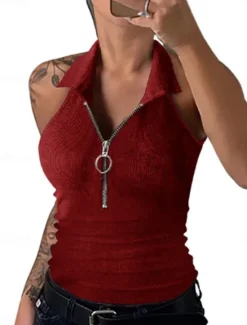 Clearance Women's Camisole Tank Top Solid Color Modern Casual Sleeveless Shirt Collar Regular Tops Daily Zipper Black Wine Blue Brown Green Summer Women Tank Tops & Camis