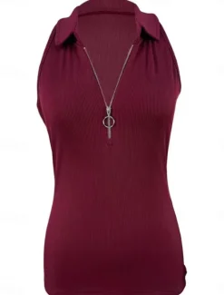 Clearance Women's Camisole Tank Top Solid Color Modern Casual Sleeveless Shirt Collar Regular Tops Daily Zipper Black Wine Blue Brown Green Summer Women Tank Tops & Camis