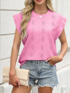 Women's Camisole Tank Top Solid Color Stylish Casual Sleeveless Crew Neck Regular Tops Daily Ruffle Black White Pink Summer Women Tank Tops & Camis|Blouses & Shirts