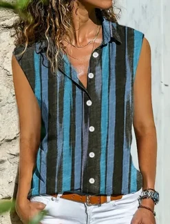 Discount Women's Camisole Tank Top Striped Daily Casual Sleeveless V Neck Regular Tops Daily Buttons Print Yellow Red Blue Summer Spring Women Tank Tops & Camis