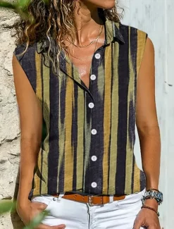 Discount Women's Camisole Tank Top Striped Daily Casual Sleeveless V Neck Regular Tops Daily Buttons Print Yellow Red Blue Summer Spring Women Tank Tops & Camis