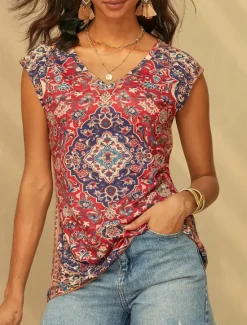 Online Women's Camisole Tank Top Basic Print Sleeveless Regular Tops V Neck Casual Red Blue Purple Green Women Boho Tops|Tank Tops & Camis
