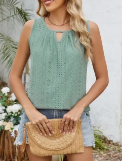 Women's Camisole Tank Top Solid Color Stylish Casual Sleeveless Crew Neck Regular Tops Daily Eyelet Black White Pink Green Summer Women Tank Tops & Camis