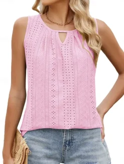 Women's Camisole Tank Top Solid Color Stylish Casual Sleeveless Crew Neck Regular Tops Daily Eyelet Black White Pink Green Summer Women Tank Tops & Camis
