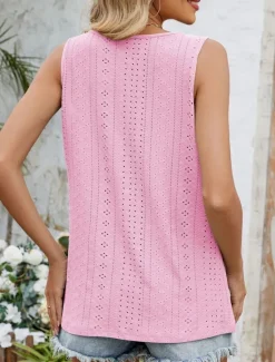 Women's Camisole Tank Top Solid Color Stylish Casual Sleeveless Crew Neck Regular Tops Daily Eyelet Black White Pink Green Summer Women Tank Tops & Camis