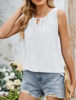 Women's Camisole Tank Top Solid Color Stylish Casual Sleeveless Crew Neck Regular Tops Daily Eyelet Black White Pink Green Summer Women Tank Tops & Camis