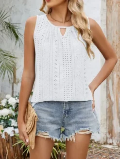 Women's Camisole Tank Top Solid Color Stylish Casual Sleeveless Crew Neck Regular Tops Daily Eyelet Black White Pink Green Summer Women Tank Tops & Camis