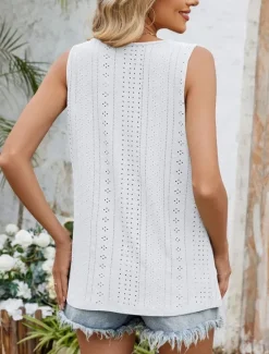 Women's Camisole Tank Top Solid Color Stylish Casual Sleeveless Crew Neck Regular Tops Daily Eyelet Black White Pink Green Summer Women Tank Tops & Camis