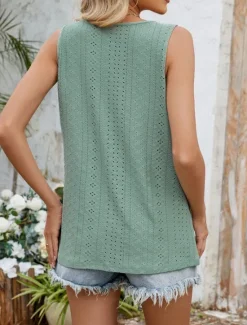 Women's Camisole Tank Top Solid Color Stylish Casual Sleeveless Crew Neck Regular Tops Daily Eyelet Black White Pink Green Summer Women Tank Tops & Camis