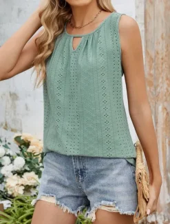 Women's Camisole Tank Top Solid Color Stylish Casual Sleeveless Crew Neck Regular Tops Daily Eyelet Black White Pink Green Summer Women Tank Tops & Camis