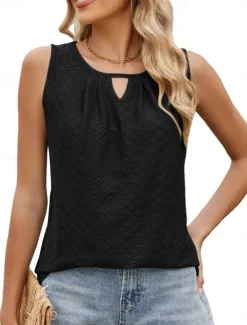 Women's Camisole Tank Top Solid Color Stylish Casual Sleeveless Crew Neck Regular Tops Daily Eyelet Black White Pink Green Summer Women Tank Tops & Camis