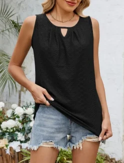 Women's Camisole Tank Top Solid Color Stylish Casual Sleeveless Crew Neck Regular Tops Daily Eyelet Black White Pink Green Summer Women Tank Tops & Camis