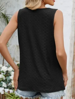 Women's Camisole Tank Top Solid Color Stylish Casual Sleeveless Crew Neck Regular Tops Daily Eyelet Black White Pink Green Summer Women Tank Tops & Camis