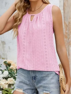 Women's Camisole Tank Top Solid Color Stylish Casual Sleeveless Crew Neck Regular Tops Daily Eyelet Black White Pink Green Summer Women Tank Tops & Camis