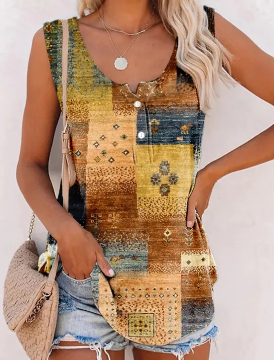 Women's Camisole Tank Top Basic Print Sleeveless Regular Tops U Neck Casual Red Brown Green Women Tank Tops & Camis