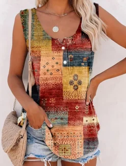 Women's Camisole Tank Top Basic Print Sleeveless Regular Tops U Neck Casual Red Brown Green Women Tank Tops & Camis