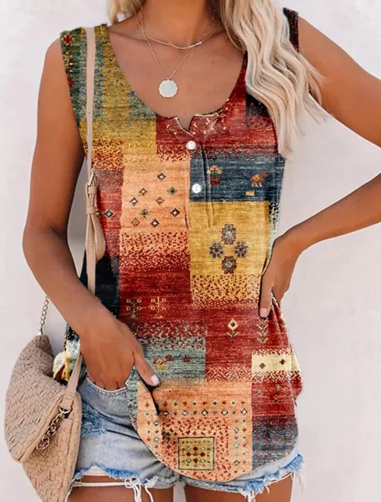 Women's Camisole Tank Top Basic Print Sleeveless Regular Tops U Neck Casual Red Brown Green Women Tank Tops & Camis