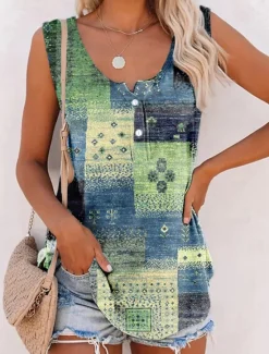 Women's Camisole Tank Top Basic Print Sleeveless Regular Tops U Neck Casual Red Brown Green Women Tank Tops & Camis