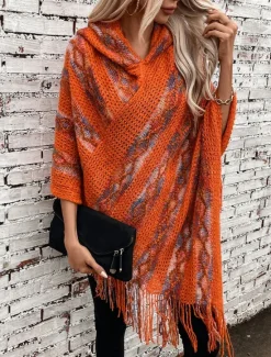 Hot Women's Cape Casual Striped V Neck Hooded Tassel Sleeveless Long Tops Knit Formal Outdoor Going out Red Brown White Fall Winter Women Shrugs & Capes