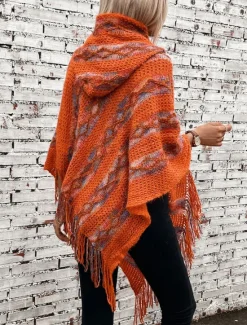 Hot Women's Cape Casual Striped V Neck Hooded Tassel Sleeveless Long Tops Knit Formal Outdoor Going out Red Brown White Fall Winter Women Shrugs & Capes