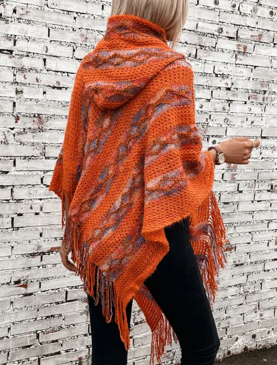 Hot Women's Cape Casual Striped V Neck Hooded Tassel Sleeveless Long Tops Knit Formal Outdoor Going out Red Brown White Fall Winter Women Shrugs & Capes