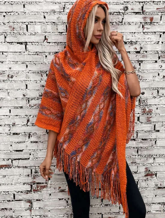 Hot Women's Cape Casual Striped V Neck Hooded Tassel Sleeveless Long Tops Knit Formal Outdoor Going out Red Brown White Fall Winter Women Shrugs & Capes