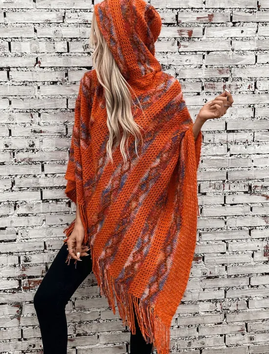 Hot Women's Cape Casual Striped V Neck Hooded Tassel Sleeveless Long Tops Knit Formal Outdoor Going out Red Brown White Fall Winter Women Shrugs & Capes