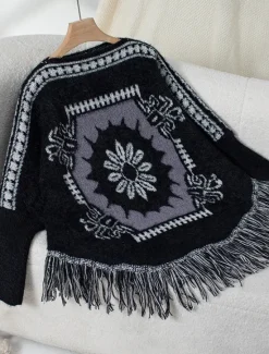 Hot Women's Cape Daily Casual Graphic Geometric Print Boat Neck Knitted Long Sleeve Regular Tops Knit Home Work Black Beige Fall Winter Women Shrugs & Capes
