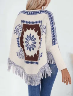 Hot Women's Cape Daily Casual Graphic Geometric Print Boat Neck Knitted Long Sleeve Regular Tops Knit Home Work Black Beige Fall Winter Women Shrugs & Capes