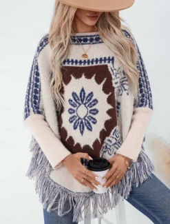 Hot Women's Cape Daily Casual Graphic Geometric Print Boat Neck Knitted Long Sleeve Regular Tops Knit Home Work Black Beige Fall Winter Women Shrugs & Capes