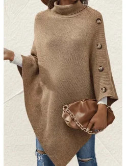 Clearance Women's Cape Daily Casual Solid Color Turtleneck Knitted 3/4 Length Sleeve Regular Tops Knit Formal Outdoor Work Pink Brown Fall Winter Women Shrugs & Capes