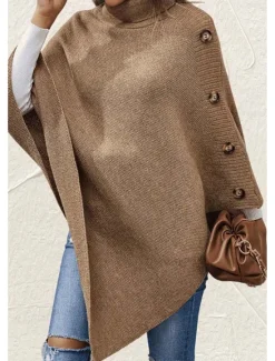 Clearance Women's Cape Daily Casual Solid Color Turtleneck Knitted 3/4 Length Sleeve Regular Tops Knit Formal Outdoor Work Pink Brown Fall Winter Women Shrugs & Capes