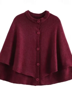 Sale Women's Cape Fashion Casual Soft Pure Color Ribbed Crew Neck Buttons Knitted Long Sleeve Regular Tops Knit Outdoor Daily Weekend Black White Fall Winter Women Shrugs & Capes