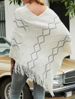 New Women's Cape Fashion Daily Geometric V Neck Beaded Tassel Sleeveless Regular Tops Knit Formal Outdoor Party White Red Fall Winter Women Shrugs & Capes