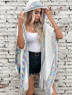 Women's Cape Fashion Daily Casual Graphic Hooded Tassel Sleeveless Long Tops Knit Formal Outdoor Weekend Black White Fall Winter Women Shrugs & Capes|Pullovers & Tops